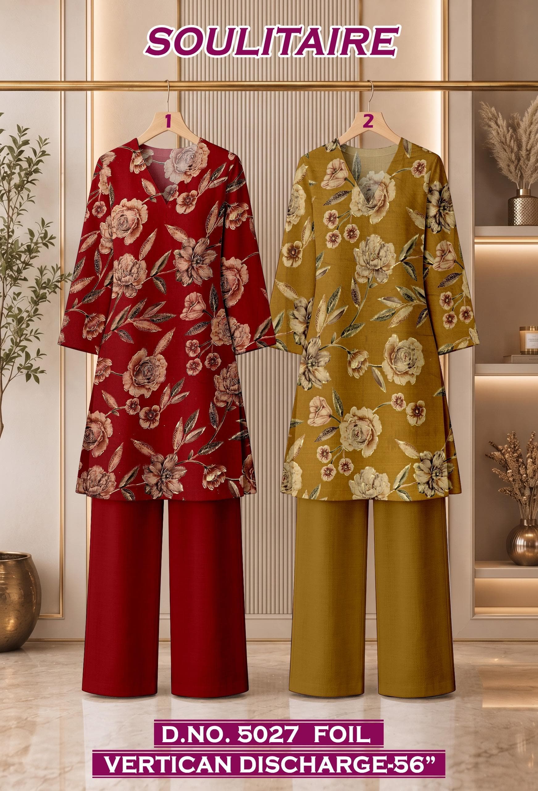 SOULITAIRE foil vertican discharge co-ord D.No. 5027 in red and mustard, by Vintage Fabric