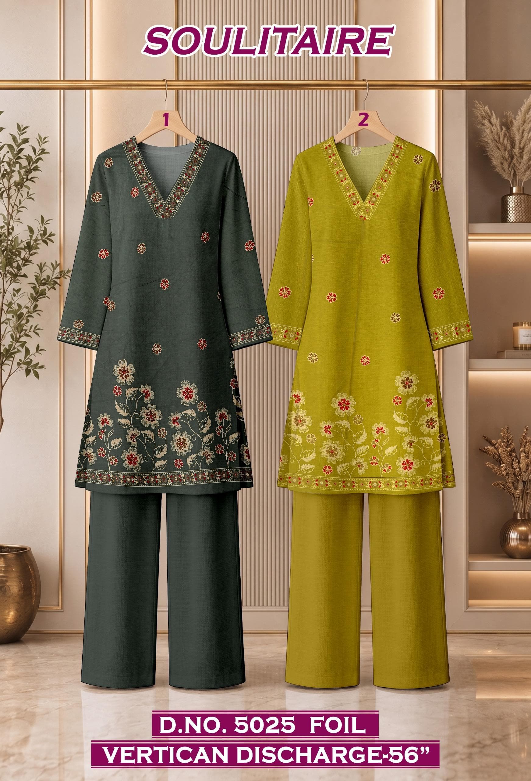 SOULITAIRE foil vertican discharge co-ord D.No. 5025 in sage and lime, by Vintage Fabric