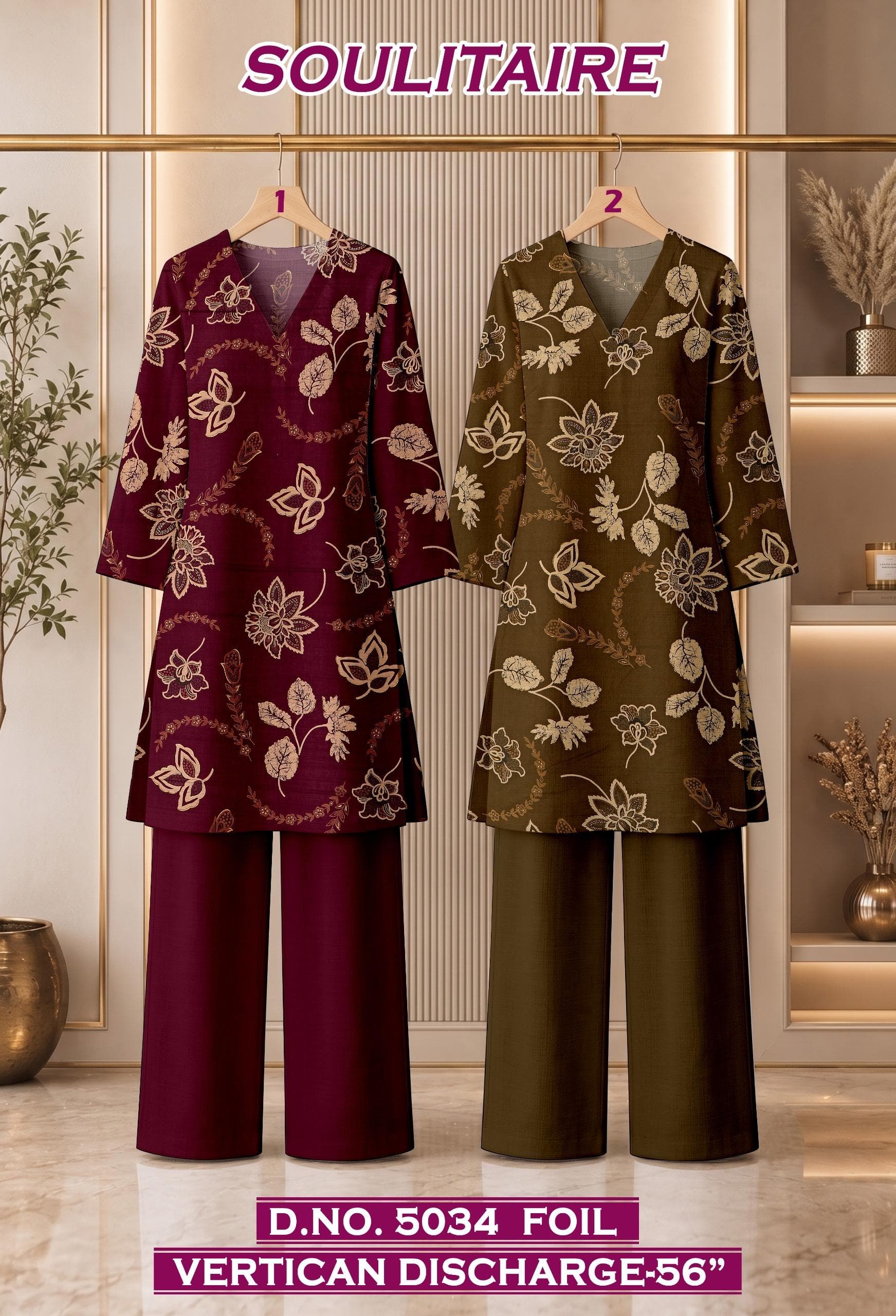 SOULITAIRE foil vertican discharge co-ord D.No. 5034 in maroon and umber, by Vintage Fabric