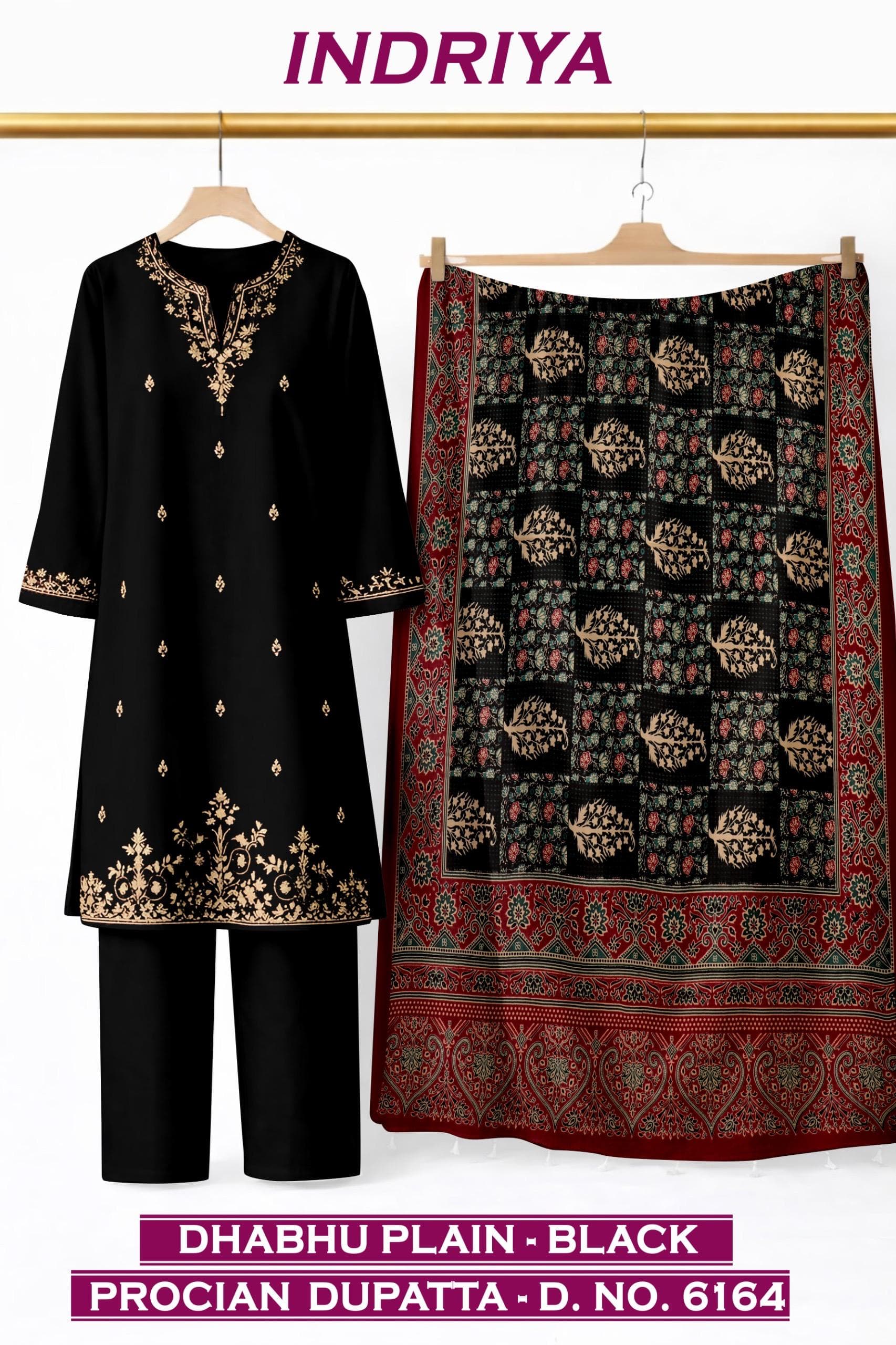 INDRIYA 3-piece set, Dhabhu Plain-Black kurti with Procion printed dupatta D.No. 6164, by Vintage Fabric