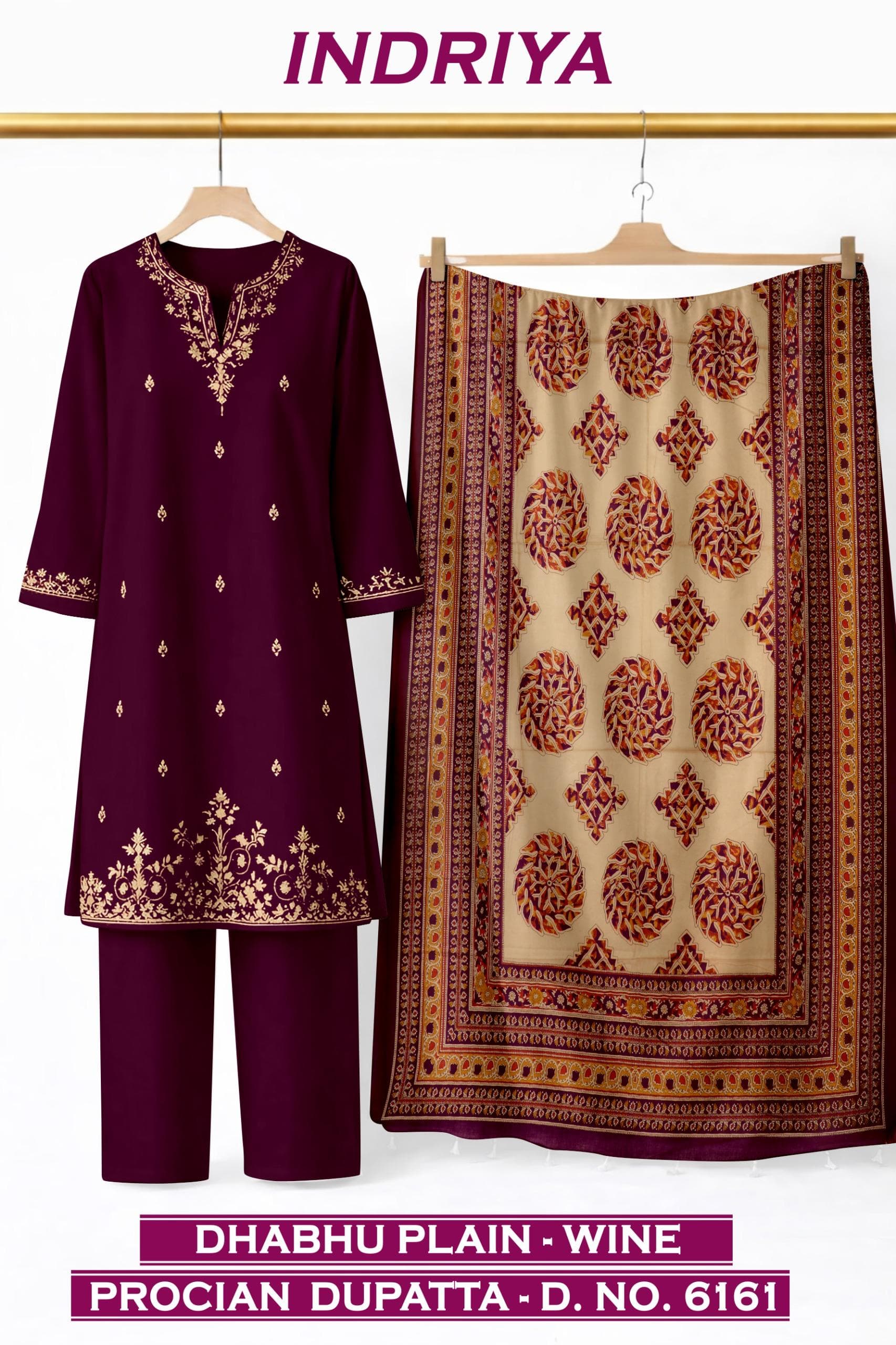 INDRIYA 3-piece set, Dhabhu Plain-Wine kurti with Procion printed dupatta D.No. 6161, by Vintage Fabric