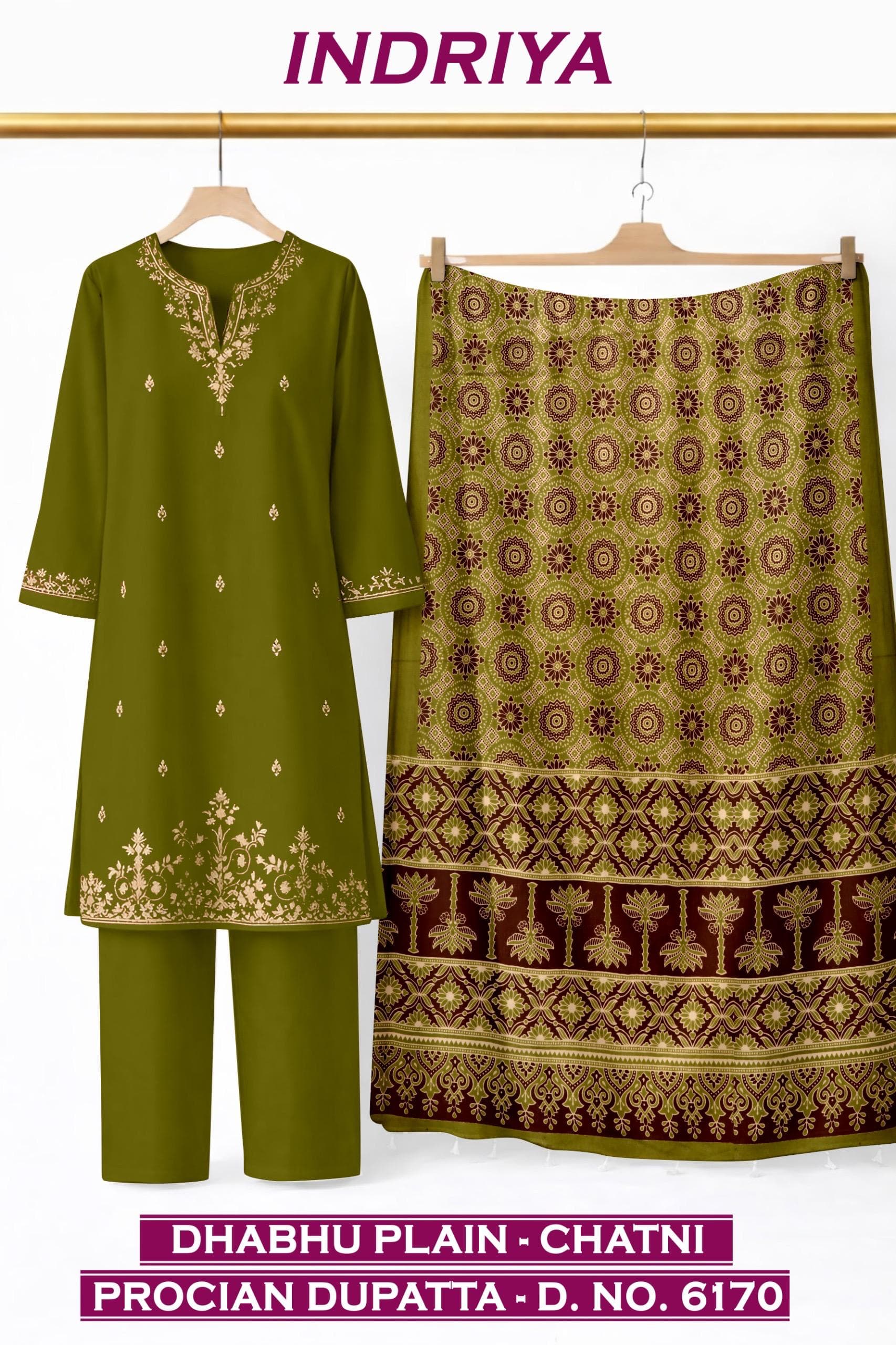 INDRIYA 3-piece set, Dhabhu Plain-Chatni kurti with Procion printed dupatta D.No. 6170, by Vintage Fabric