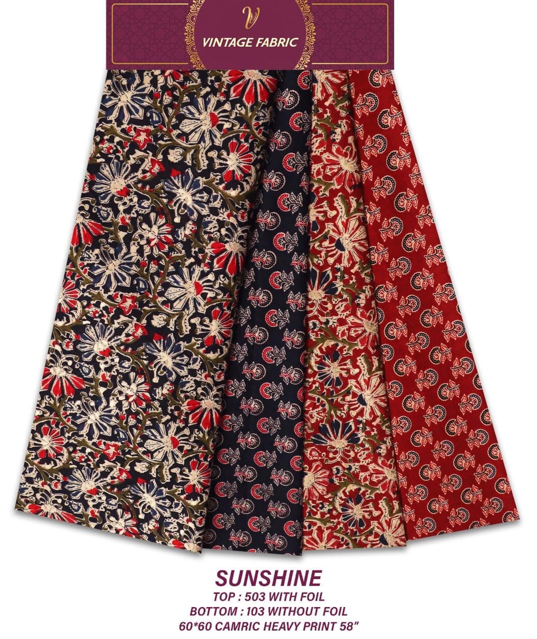 SUNSHINE 60x60 cambric Procion heavy print co-ord, foil top 503 with bottom 103, by Vintage Fabric