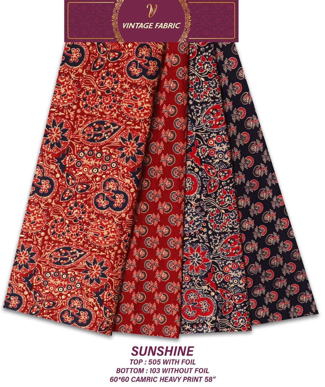 SUNSHINE 60x60 cambric Procion heavy print co-ord, foil top 505 with bottom 103, by Vintage Fabric