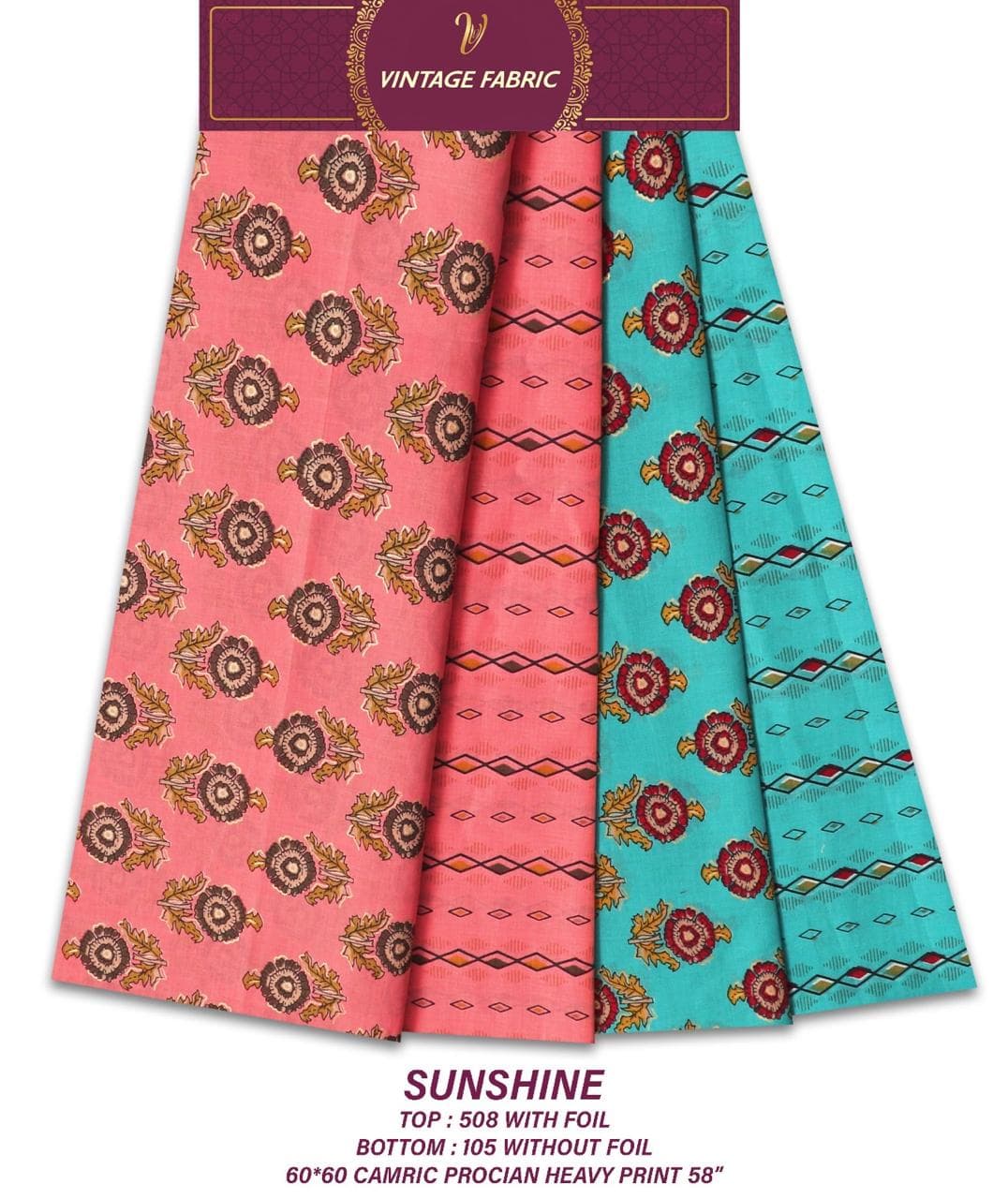 SUNSHINE 60x60 cambric Procion heavy print co-ord, foil top 508 with bottom 105, by Vintage Fabric