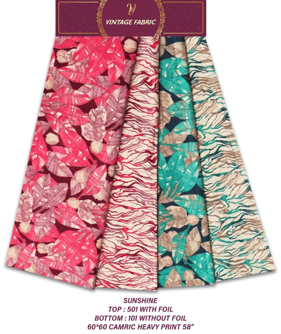 SUNSHINE 60x60 cambric Procion heavy print co-ord, foil top 501 with bottom 101, by Vintage Fabric